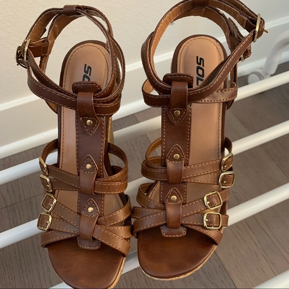 SODA Brown Leather Wedge Heels / Summer Wedge Heels / Wedge Sandals Heels - Picture 6 of 6